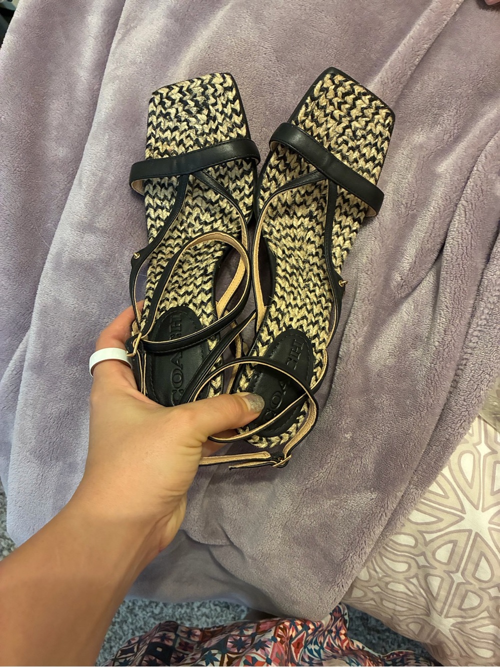 Coach Black Strappy Sandals with Natural Woven Footbed